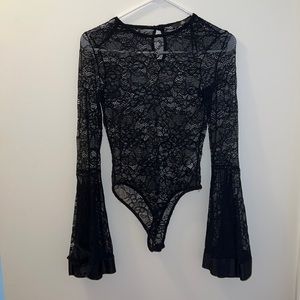 Black Lace Bodysuit with Bell Sleeves